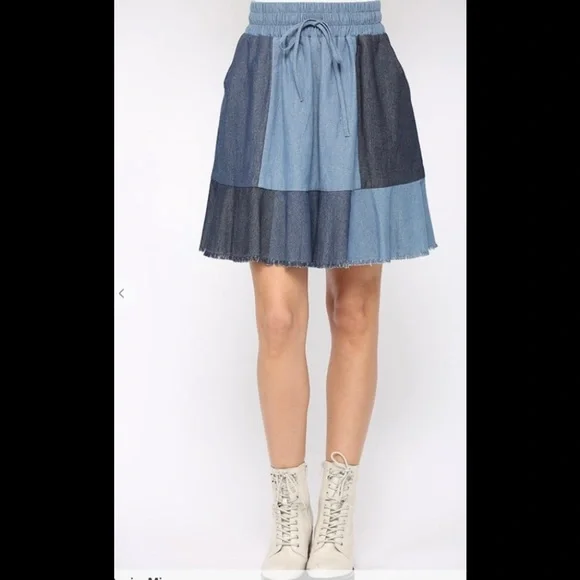 Denim color block, drawstring tie skirt - Picture 2 of 6
